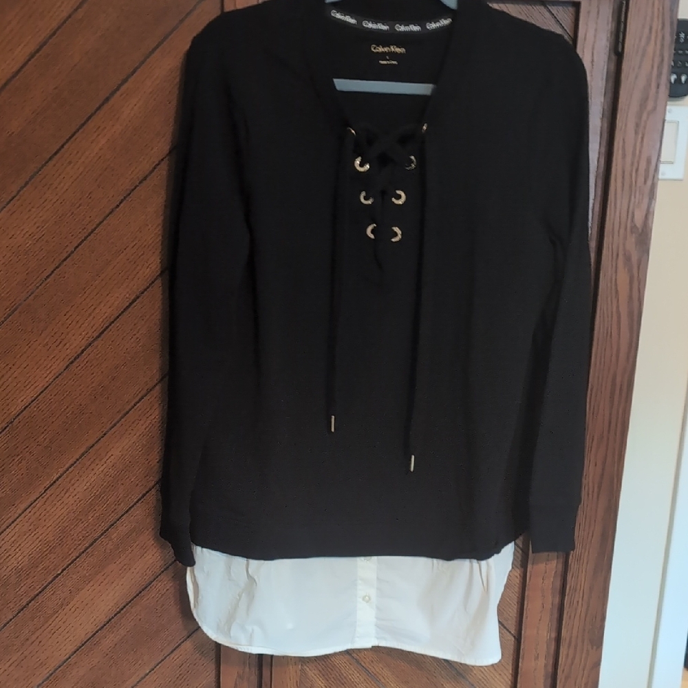 Calvin Klein Black Lace-Up Blouse with White Hem